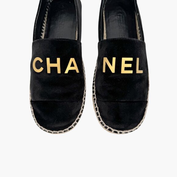 Chanel Logo Espadrilles EU 37 US 6-6.5 Black Velvet Rope Sole Slip On Flat Shoe - Picture 4 of 14